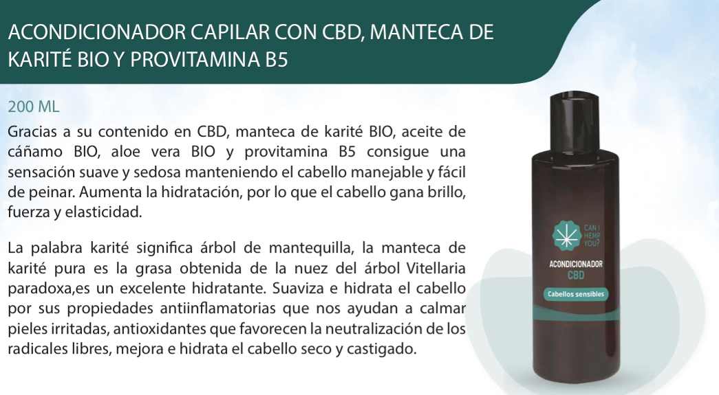 ACONDICIONADOR CAPILAR CON CBD, MANTECA DE  KARITÉ BIO Y PROVITAMINA B5