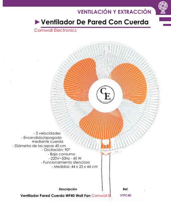 Ventilador De Pared Con Cuerda - Cornwall Electronics