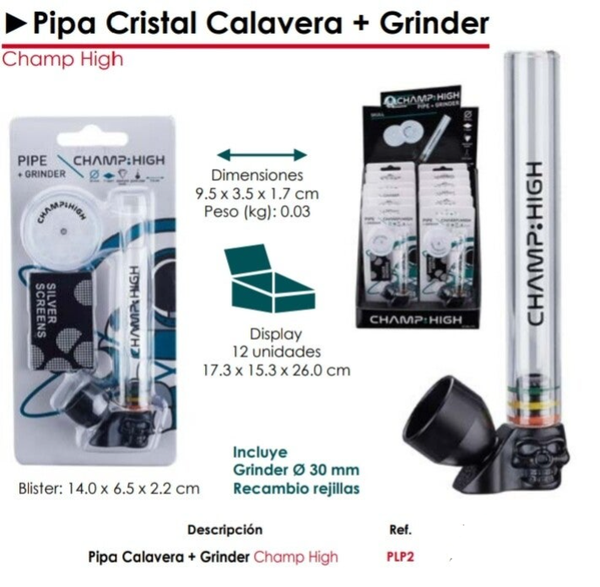 Pipa Cristal Calavera + Grinder - Champ High