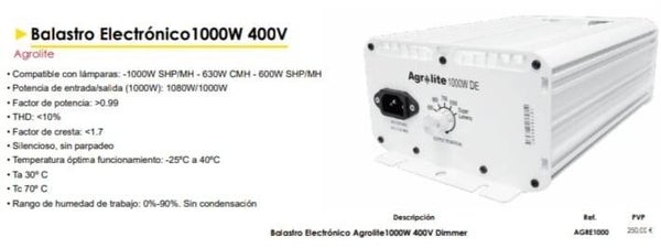 Balastro Electrónico Agrolite 1000W 400V