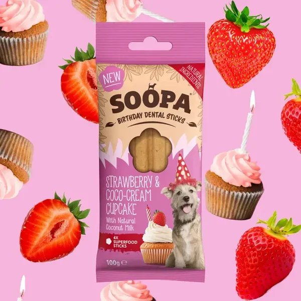 Tandheelkundige sticks met aardbei en cocosaus cupcake