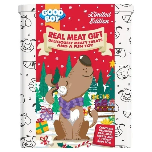 Good Boy Real Meat Festive Treat & Toy Gift Tin for Dogs