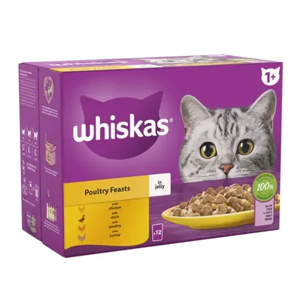 WHISKAS 1+ Poultry Feasts Adult Wet Cat Food Pouch in Jelly 12 x 85g
