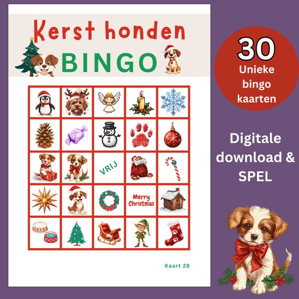 Kerst honden online bingo spel - 30 kaarten