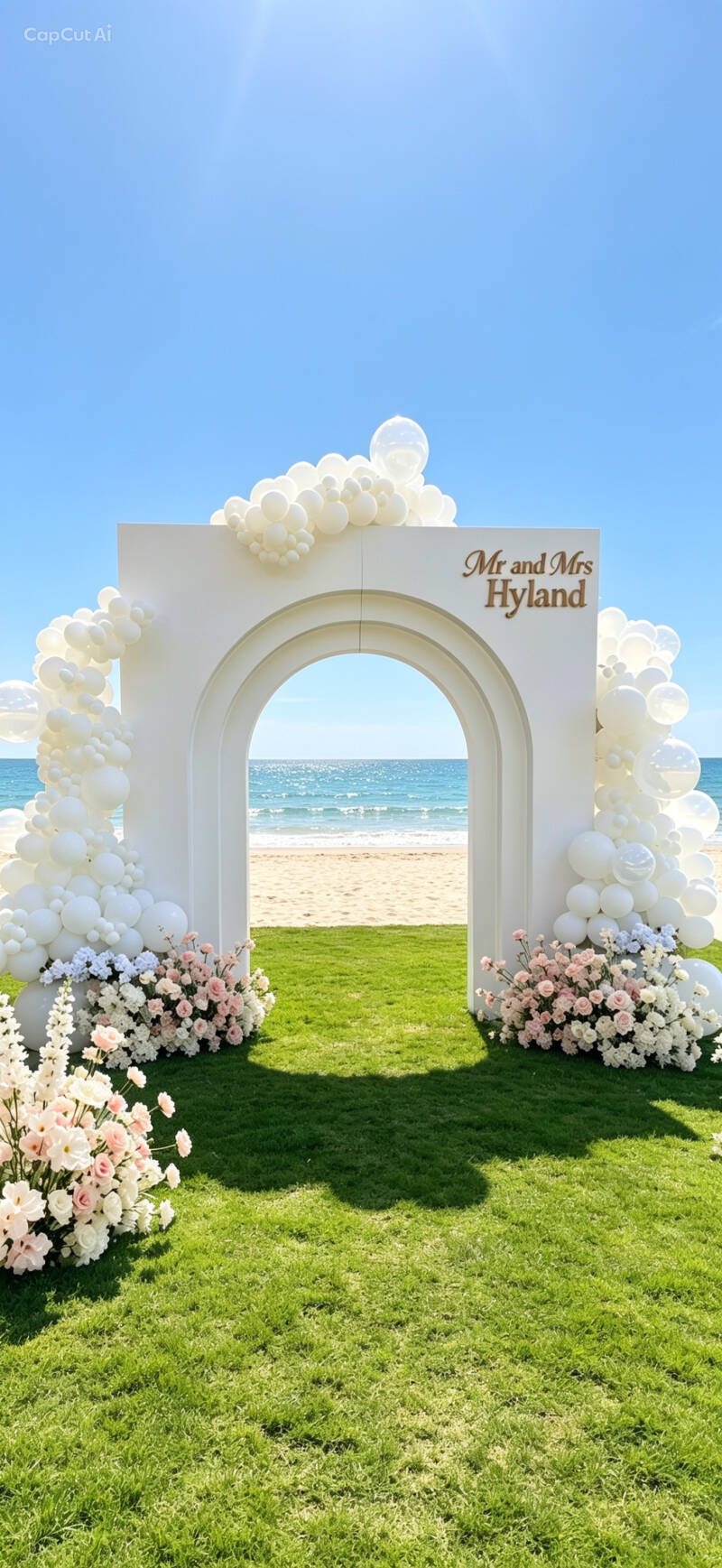 White balloon and floral ceremony arch with custom couple's name signage on a beach