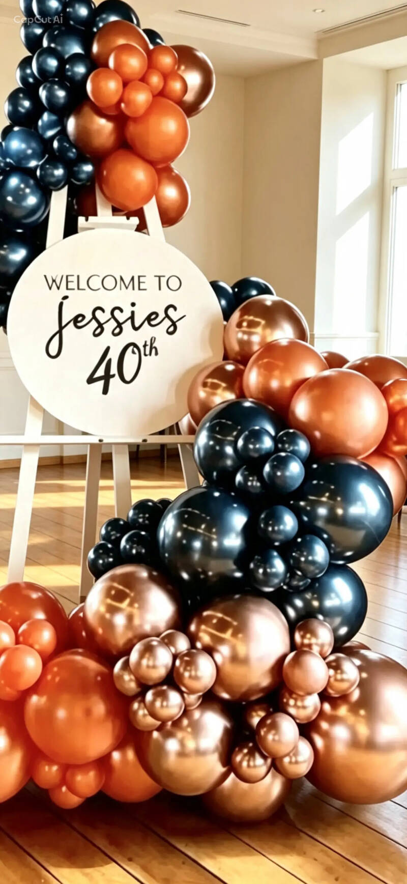 Custom welcome sign with navy, copper and rose gold balloon garland for Jessie's 40th birthday