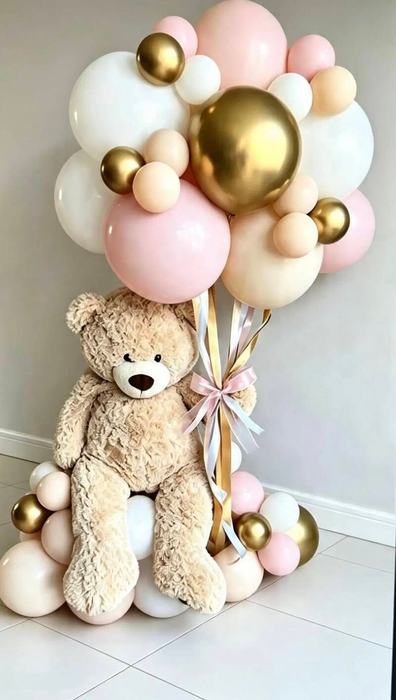 Large teddy bear seated on a base of blush, white and gold balloons with a matching balloon bouquet