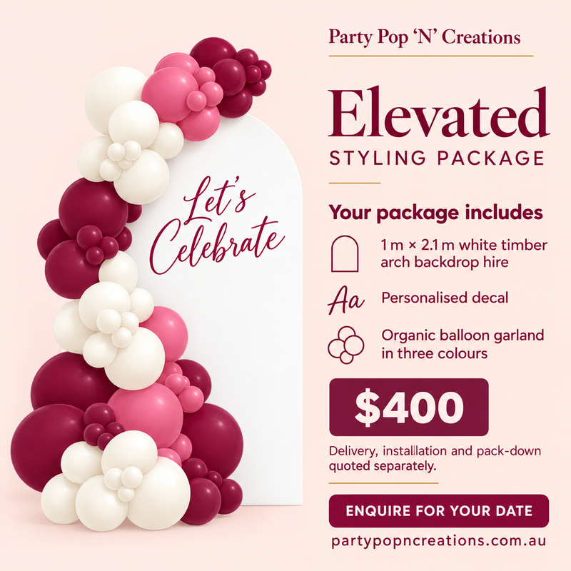 Elevated Styling Package, $400: 1 m x 2.1 m white timber arch backdrop hire, a personalised decal and an organic balloon garland in three colours. Delivery, installation and pack-down quoted separately.