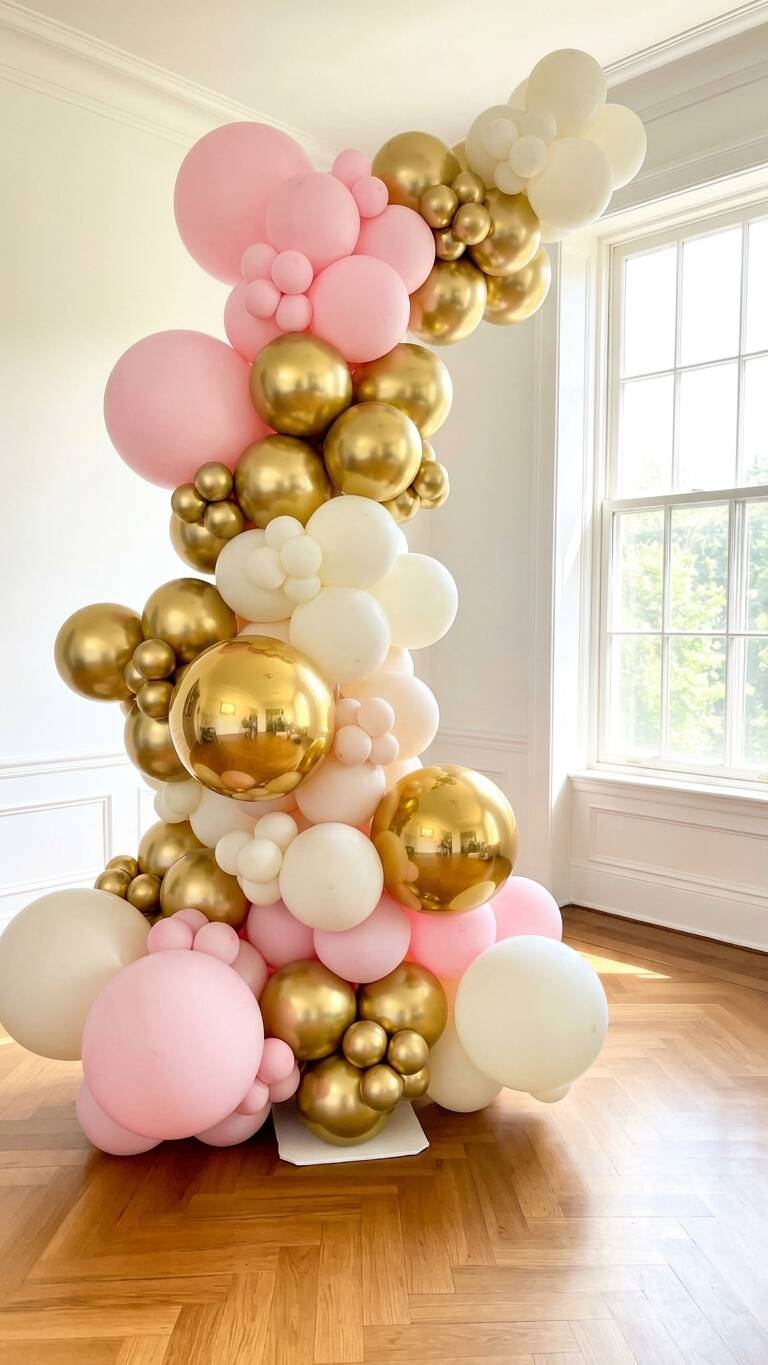 Tall organic balloon tower in blush pink, gold and white with round gold foil balloons