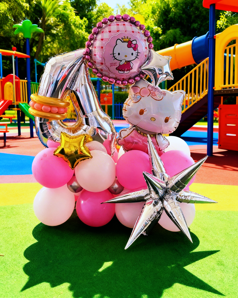 Pink Hello Kitty themed number balloon stack for a 4th birthday