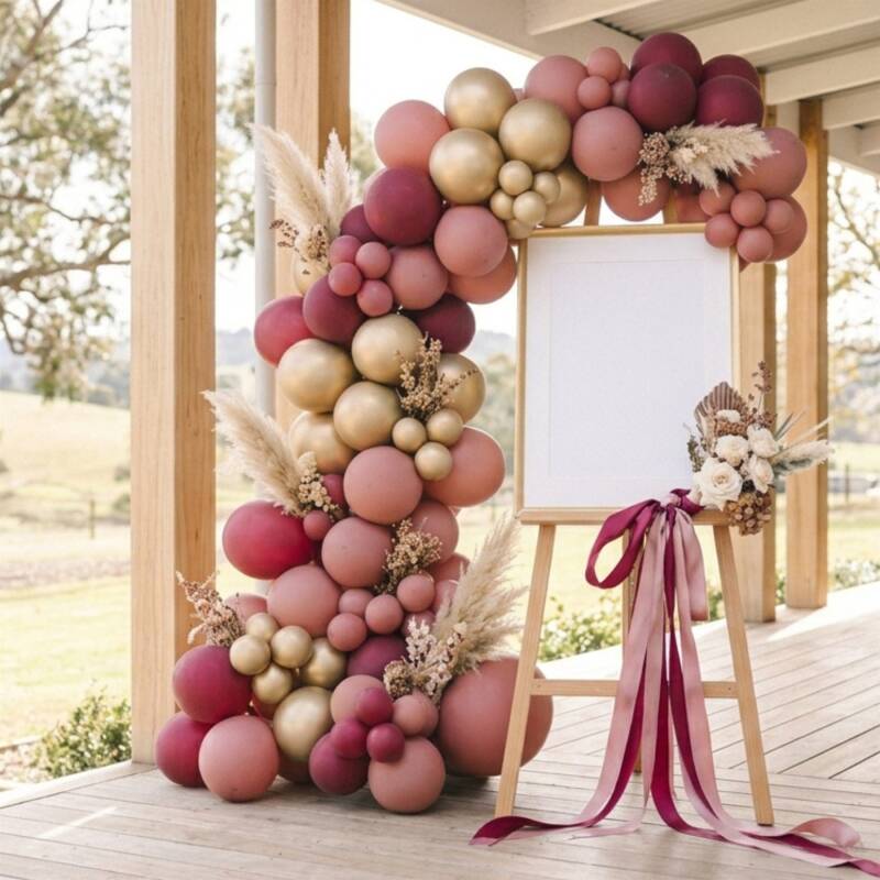 Blush, burgundy and gold balloon arch framing a blank welcome sign on an easel, styled outdoors