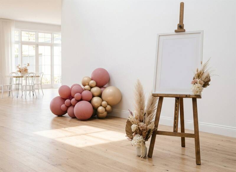 Balloon garland and easel styled inside a bright, airy event venue