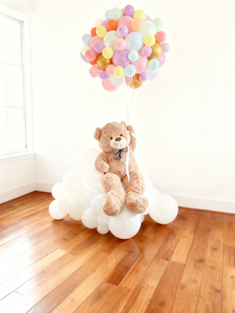 Teddy bear on a white balloon cloud with a pastel balloon bouquet for a baby shower