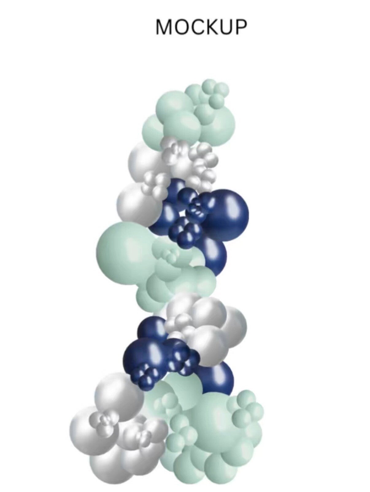 Design mockup of a mint, navy and silver organic balloon garland