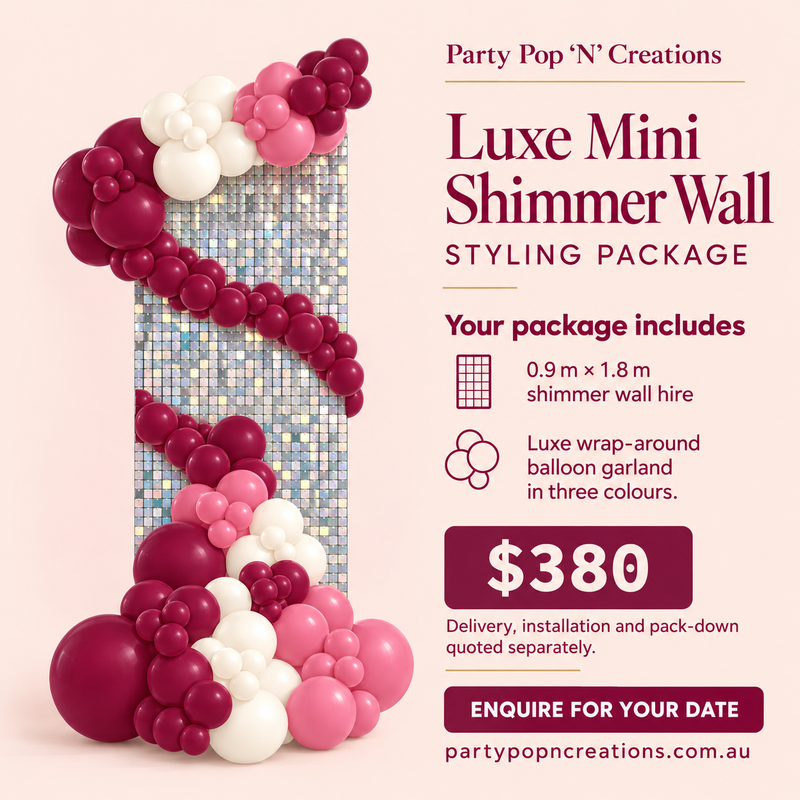 Luxe Mini Shimmer Wall Styling Package, $380: 0.9 m x 1.8 m shimmer wall hire and a luxe wrap-around balloon garland in three colours. Delivery, installation and pack-down quoted separately.