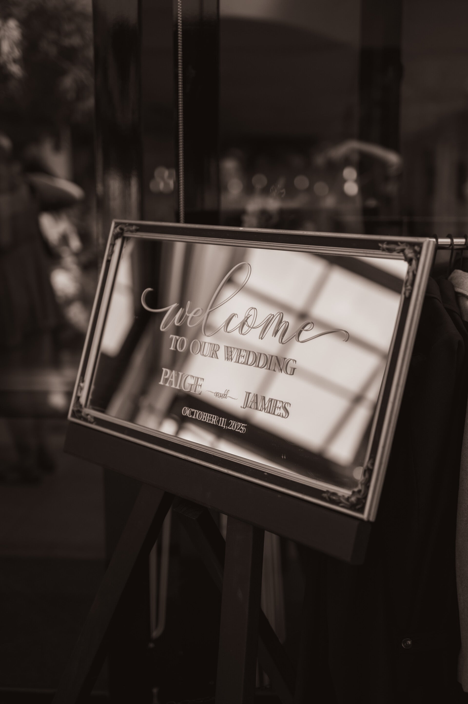 Welcome to our wedding mirror sign on an easel