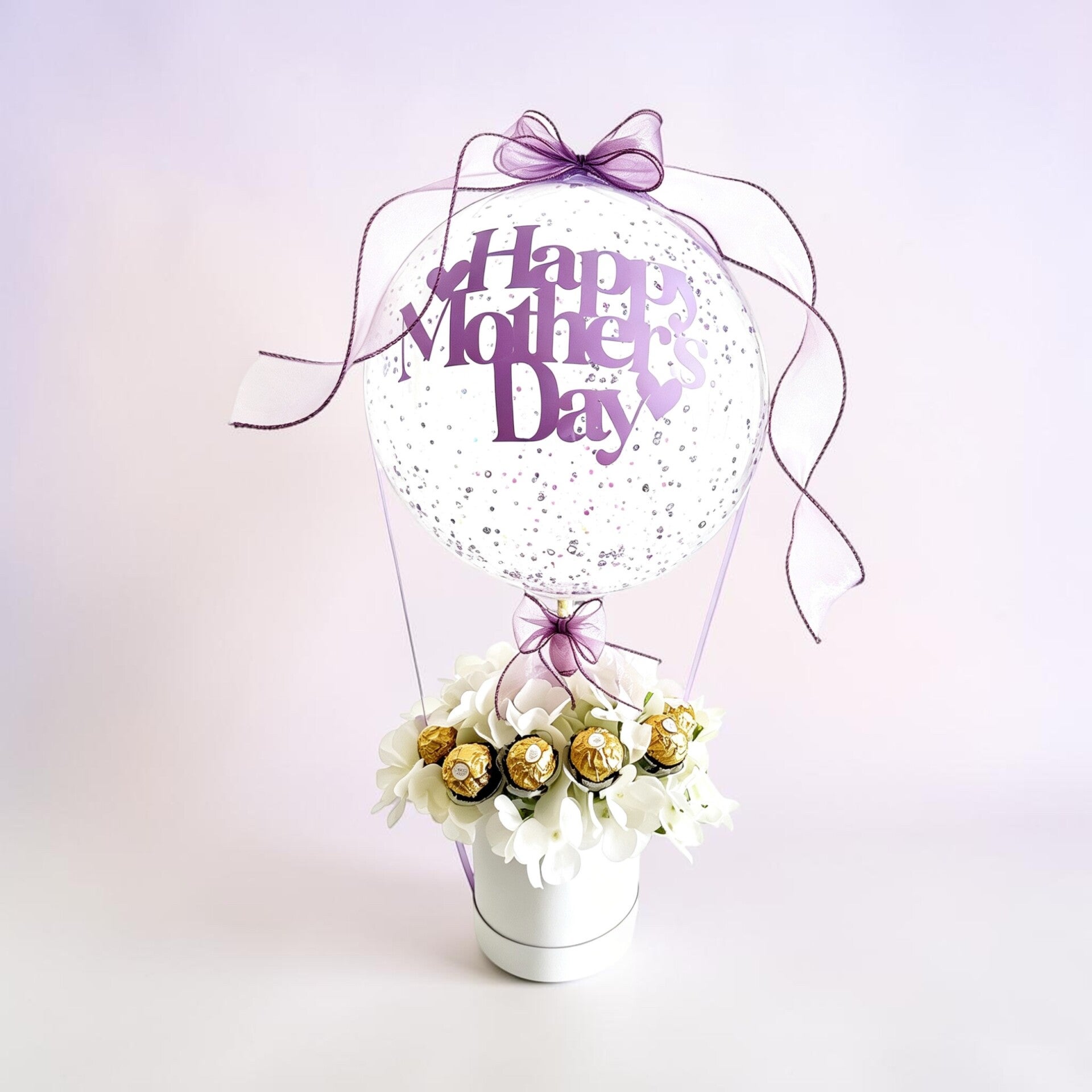 Personalised Mother's Day balloon bouquet Hobart in lilac with confetti and chocolates