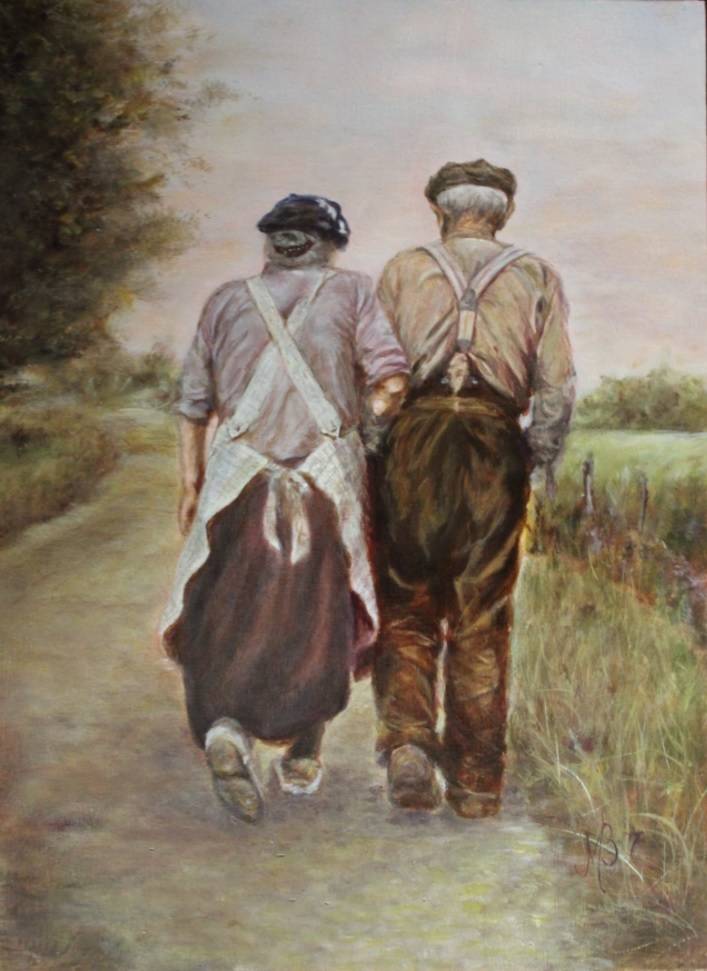 schilderij van oude man en vrouw van achter gezien lopen gearmd bij weiland