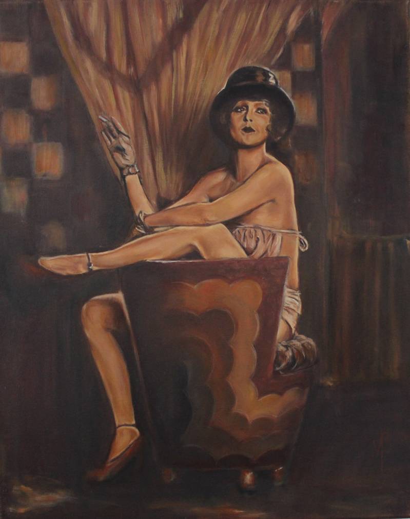 schilderij van jaren twintig met schaars geklede vrouw met top hat op en sigaret in de hand zittend in een stoel