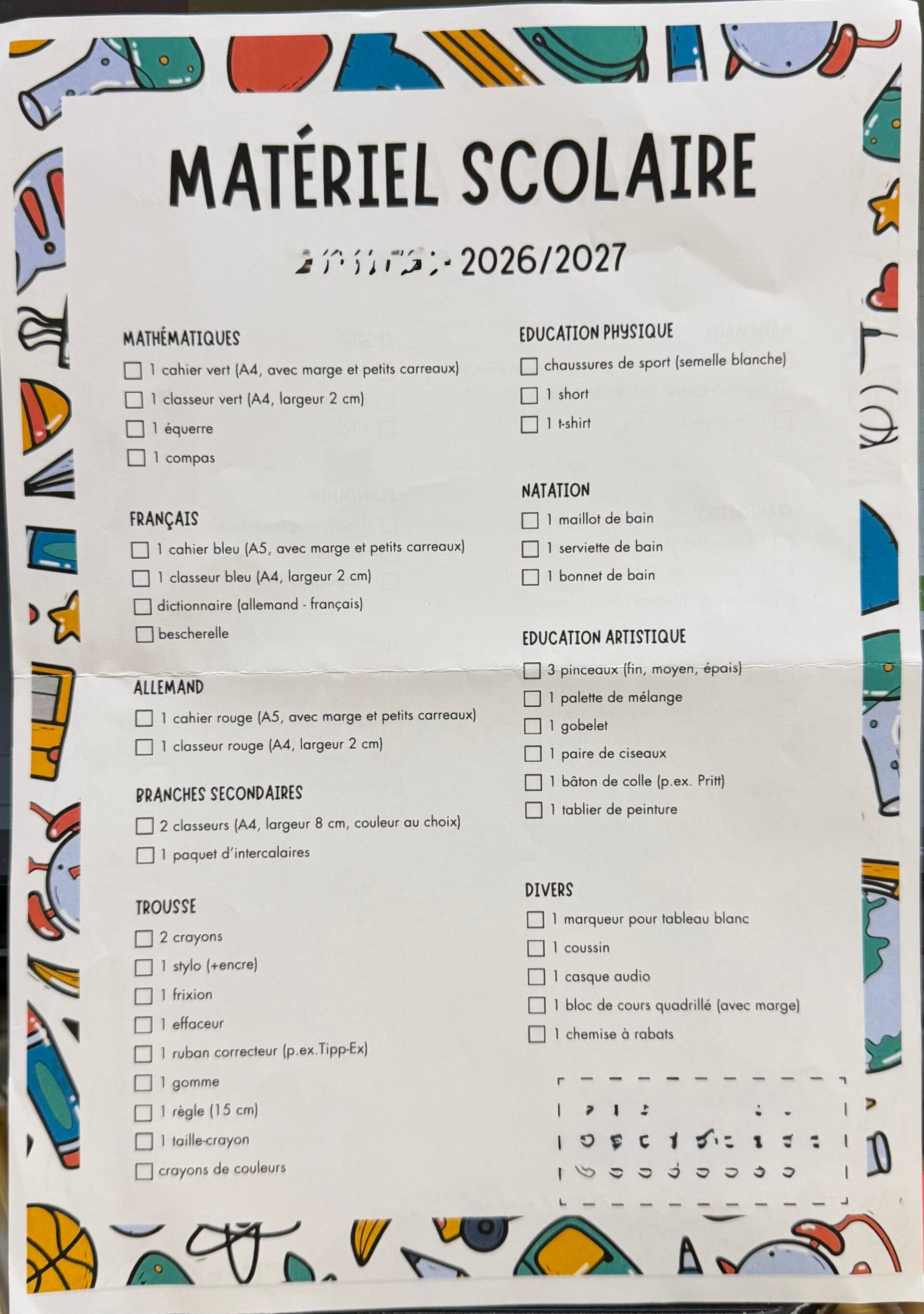LISTE SCOLAIRE - SCHULLISTE - MATERIALLISTE - SCHOOL MATERIAL