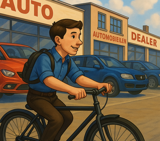 Jonge man fietst langs een occasiondealer. Vind jouw perfecte tweedehands auto bij Heerings Automotive in Alphen aan den Rijn
