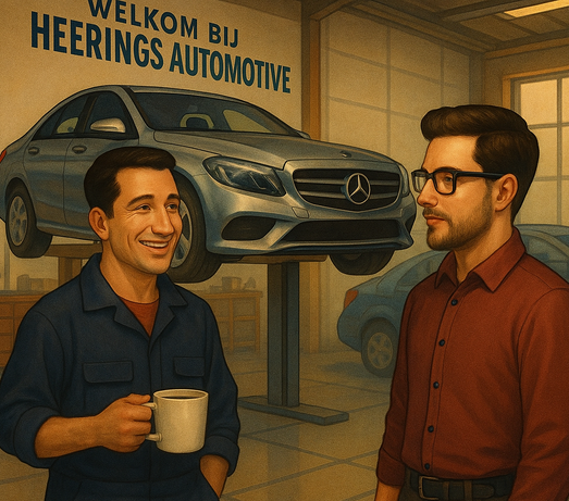 Monteur en klant in gesprek bij Heerings Automotive met een Mercedes op de brug in de werkplaats. Betrouwbare service en onderhoud in Alphen aan den Rijn