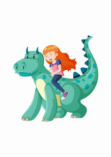Muursticker meisje rijdend op Dino 100 x 100 cm