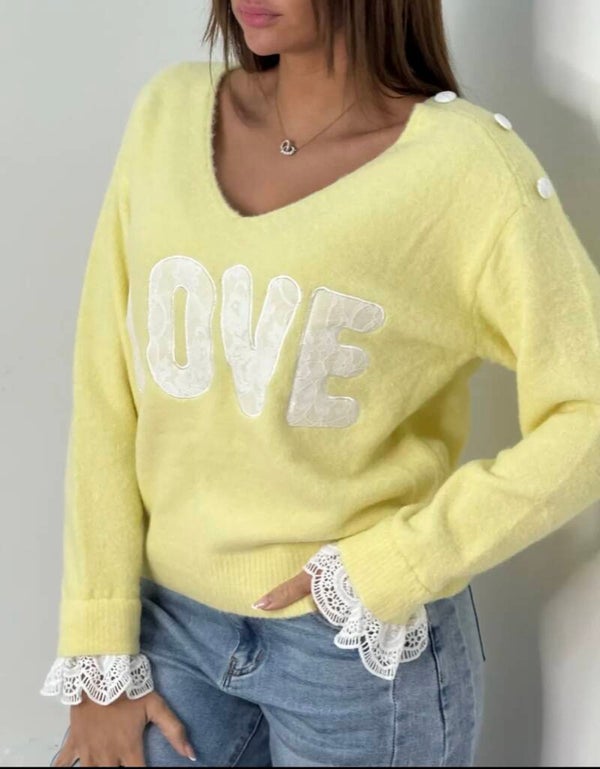 Pull love dentelle jaune