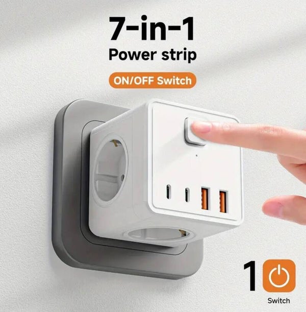 7-en-1 Prise de courant murale UE, 3 prises CA et 2 USB et 2 Type-C