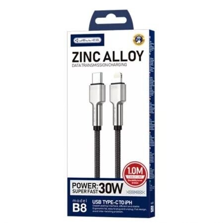 Cable Usb-C/Type C vers Lightning (3.1A) 1 mètre avec embouts en Zinc JELLICO B8 noir