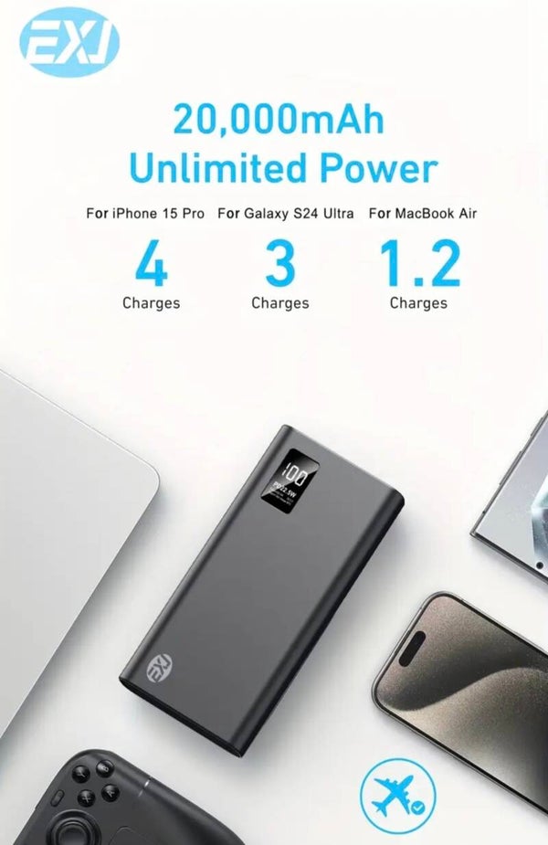 EXJ Power Bank 20000mAh/ Chargeur Portable Extérieur 22,5W Charge Rapide, 2 USB 3.0 Type C QC PD4 avec Écran LED, Batterie Externe de Secours, Compatible tout smartphone