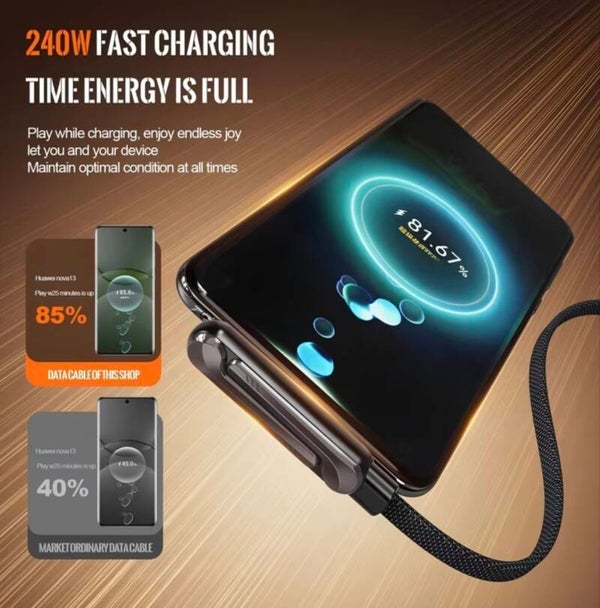 Câble de charge invisible avec support, Type-C vers Type-C, câble de charge rapide PD 240W, support en métal réglable rotatif à 360 degré