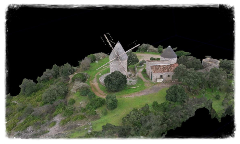 Modélisation 3D du Moulin de Faugère dans l'Hérault. Vue aérienne par drone.
