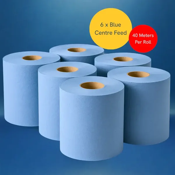 2-Ply Blue Centrefeed Roll | 6 Pack 40m (200 Sheets Per Roll)