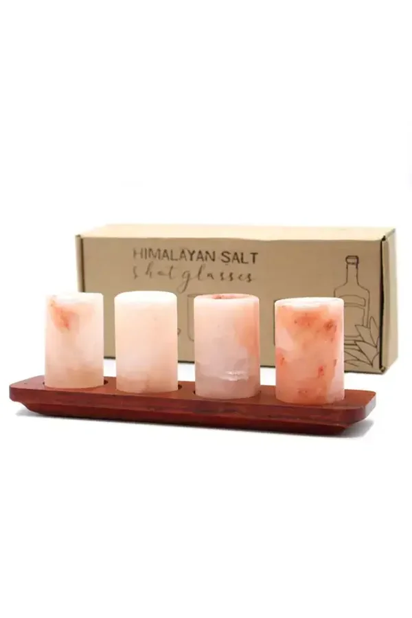 Set of 4 Himalayan Salt Shot Glasses & Wood Serving Stand