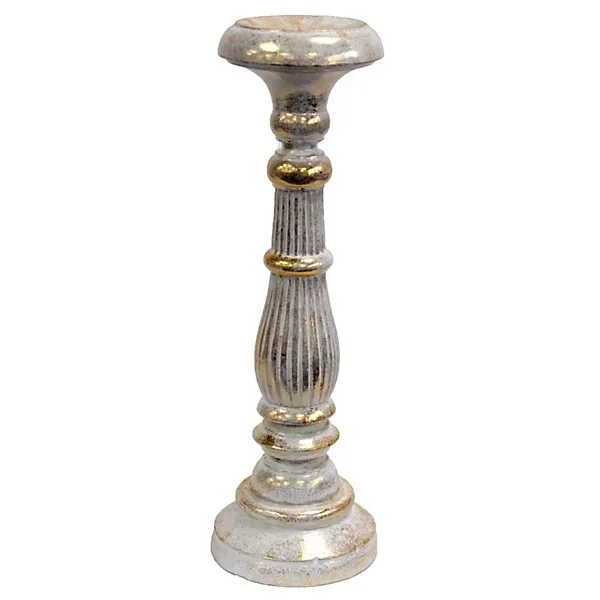 Large White Gold Albesia Wood Candle Stand - Hand-Carved Vintage Design
