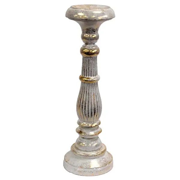 Large White Gold Albesia Wood Candle Stand - Hand-Carved Vintage Design