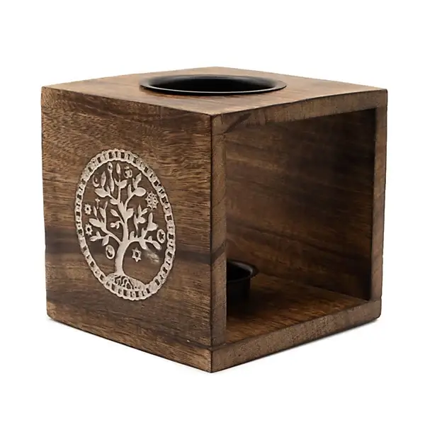 Large Square Mango Wood Oil Burner - Tree of Life