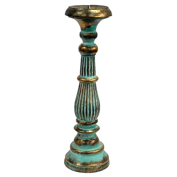 Large Handmade Albesia Wood Candle Stand Turquoise Gold, Vintage Decorative Candlestick for Indoor Use
