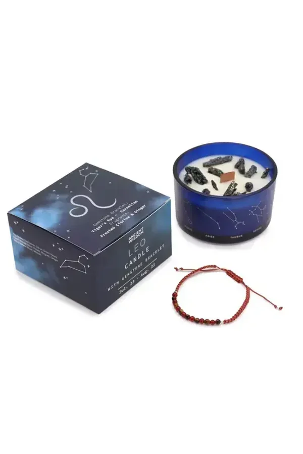 Zodiac Crystal Candle with Gemstone Bracelet - Leo
