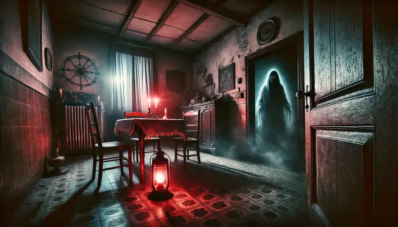 poltergeist, paranormale, casa infestata, fenomeno spettrale, atmosfera terrificante, oggetti che levitano, simboli esoterici, specchio incrinato, luci rosse spettrali, ombre inquietanti, grimorio antico, attività paranormale, paura, spiriti, energia sovr