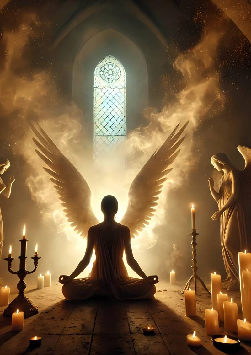 ambiente sacro, meditazione, angeli, luce dorata, atmosfera mistica, spiritualità, candele bianche, calma, presenza angelica, energia spirituale, incenso, cristallo di quarzo, fiori bianchi, protezione, tranquillità, arcano alchimista, esoterismo, 