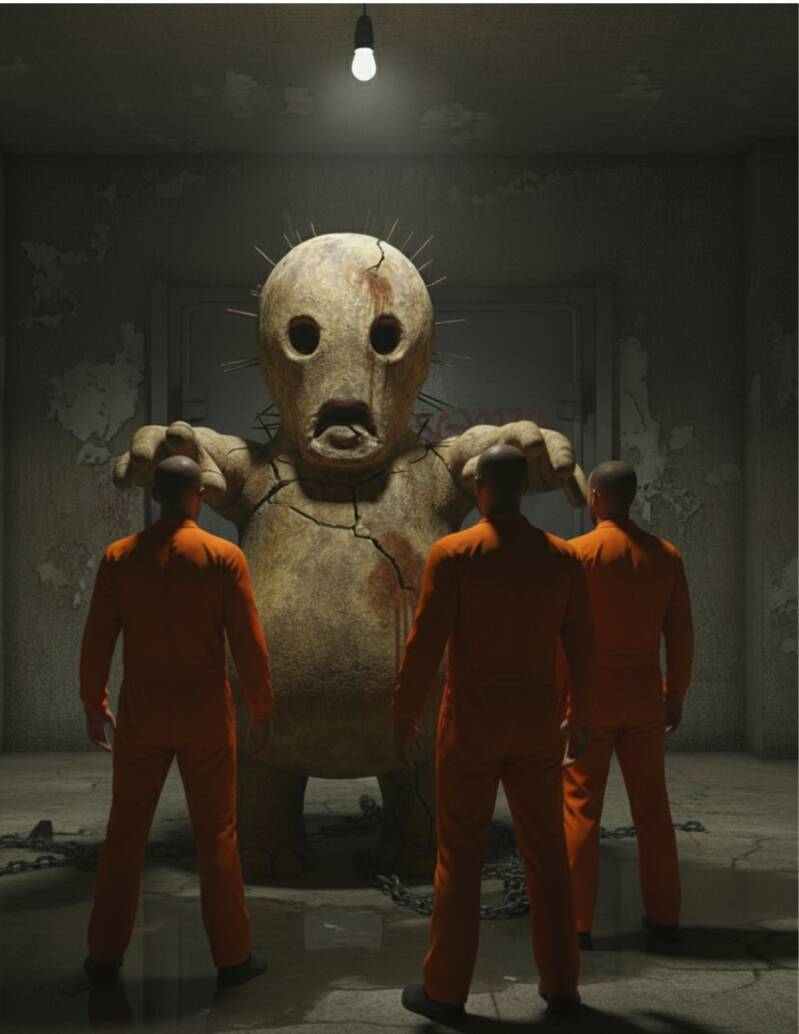 SCP-173 (scultura di cemento) in una cella sporca. Tre membri del personale di Classe D in tuta arancione mantengono il contatto visivo per il contenimento.