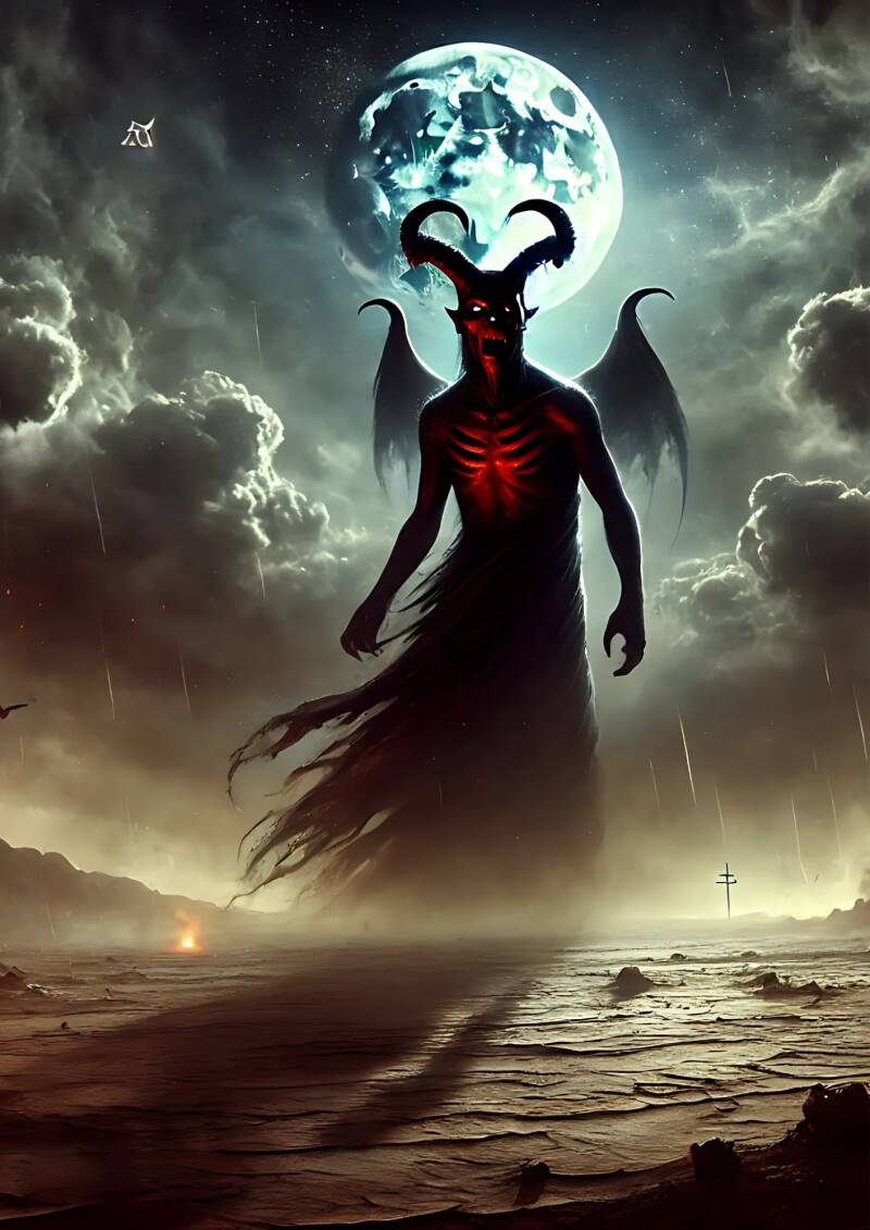 sogno, diavolo, paesaggio onirico, figura demoniaca, oscurità, corna, ombre, cielo tempestoso, lampi, atmosfera inquietante, mistero, tensione, surrealismo, fiamme basse, rocce scure, occhi penetranti, simbolismo, ARCANO ALCHIMISTA, WICCA, IL GRIMORIO, AG