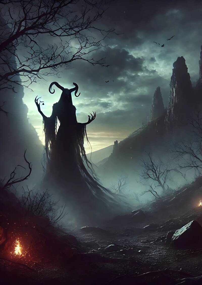 sogno, diavolo, paesaggio onirico, figura demoniaca, oscurità, corna, ombre, cielo tempestoso, lampi, atmosfera inquietante, mistero, tensione, surrealismo, fiamme basse, rocce scure, occhi penetranti, simbolismo, ARCANO ALCHIMISTA, WICCA, IL GRIMORIO, AG