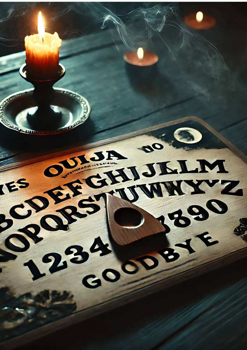 tavola Ouija, tavola degli spiriti, occulto, mistero, planchette, paranormale, seduta spiritica, evocazione, antica, esoterismo, magia oscura, alfabeto Ouija, numeri Ouija, sì e no, candele, atmosfera inquietante, spiritualità, comunicazione con gli spiri