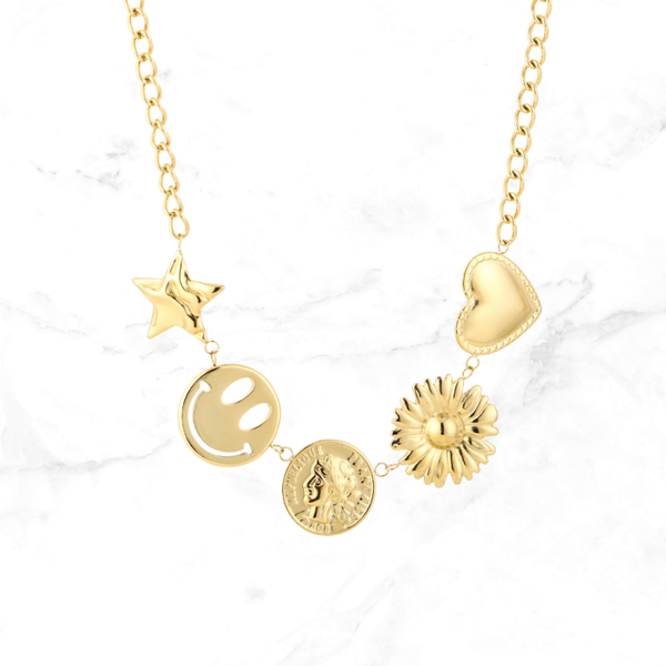 RVS Ketting Ster-Smiley-Munt-Bloem-Hart - Goud
