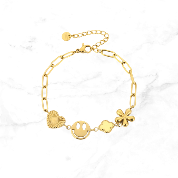 RVS Armband Hart-Smiley-Klaver-Bloem - Goud