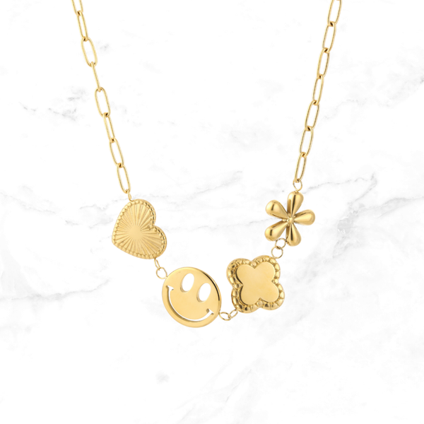 RVS Ketting Hart-Smiley-Klaver-Bloem - Goud