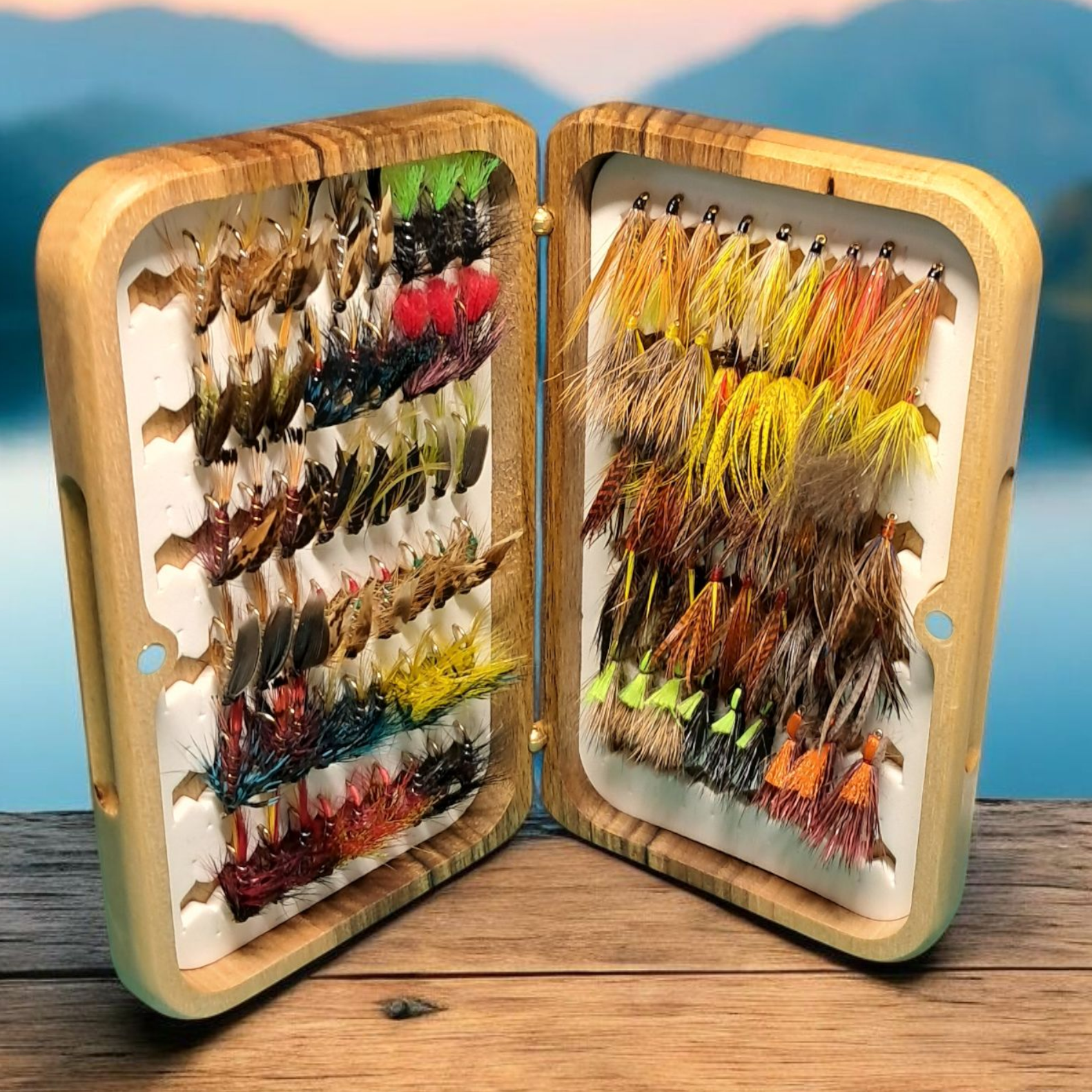 Mayfly Large Side Open Wooden Fly Box With Flies